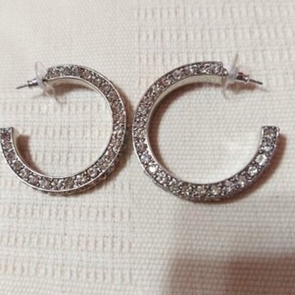 Chico's Silver Tone Hoop Earrings w/ Clear Stones on Front & Sides - Picture 1 of 1
